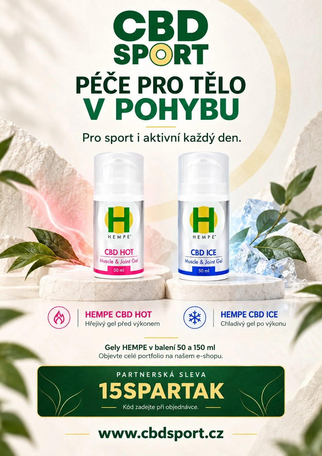 CBD Sport: gely HEMPE CBD HOT a CBD ICE, partnerský kód 15SPARTAK